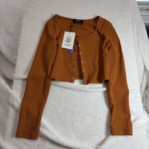 Cider Cropped Snap Button Down Shirt Size Sm NWT Long Sleeve Orange Ribbed Y2K